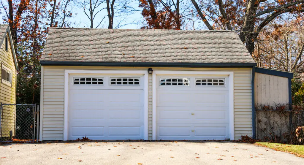 A garage with a couple of doors