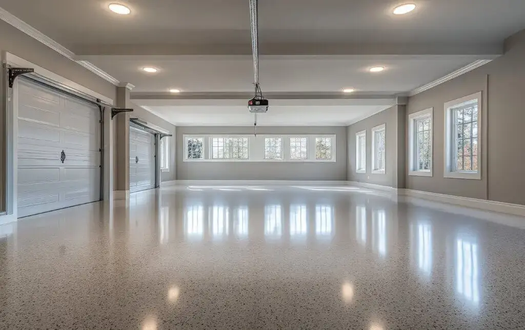 A large room with a light fixture from the ceiling